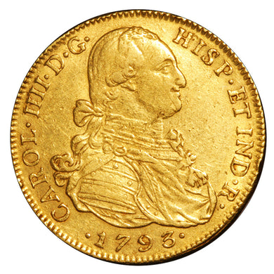 Gold 8 Escudos 1798 AU55 NGC (RVA Coin Show)