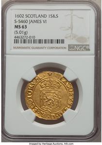 FINEST KNOWN! James VI (1567-1625) gold Sword and Scepter 1602 MS63 NGC