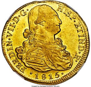 Ferdinand VII gold 8 Escudos 1815 So-FJ MS61 NGC