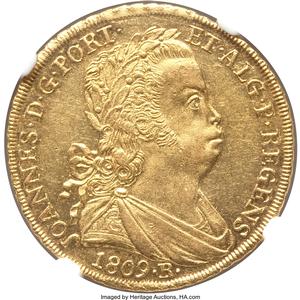 João Prince Regent gold 6400 Reis 1809-R MS61 NGC