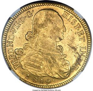 Ferdinand VII gold 8 Escudos 1819 NR-JF MS60 NGC