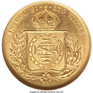 Pedro II gold 10000 Reis 1853 MS62 NGC