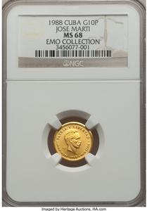 Republic gold 10 Pesos 1988 MS68 NGC