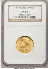 Pedro II gold 10000 Reis 1853 MS62 NGC