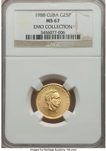 Republic gold 25 Pesos 1988 MS67 NGC