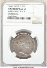 British India. Victoria Mint Error - Obverse Brockage Rupee ND (1840) AU58 NGC