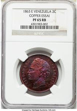 Republic copper Proof Essai 2 Centavos 1863-E PR65 Red and Brown NGC