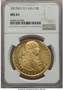 Ferdinand VII gold 8 Escudos 1815 So-FJ MS61 NGC