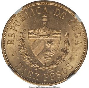 Republic gold 10 Pesos 1916 MS62 NGC