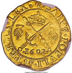 Scotland: James VI (1567-1625) gold Sword and Scepter 1602 MS63 NGC