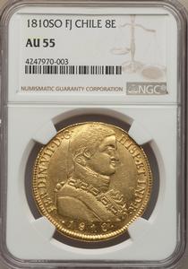 Ferdinand VII gold 8 Escudos 1810 So-FJ AU55 NGC