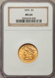 1895 $5 MS64 NGC. NGC Census: (482/89). PCGS Population: (186/29). CDN: $680 Whsle. Bid for problem-free NGC/PCGS MS64. Min