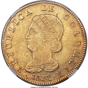 Republic gold 8 Escudos 1832 BOGOTA-RS AU53 NGC