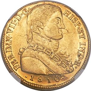 Ferdinand VII gold 8 Escudos 1810 So-FJ AU55 NGC