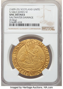 Scotland James VI Gold Unite ND (1604-1609) UNC Details (Saltwater Damage) NGC