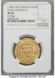 France - Charles VI (1380-1422) gold Ecu d'Or à la Couronne ND MS64 NGC