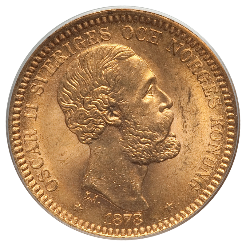 Sweden: Oscar II gold 20 Kronor 1878/7-EB MS65 PCGS – Powell Coins